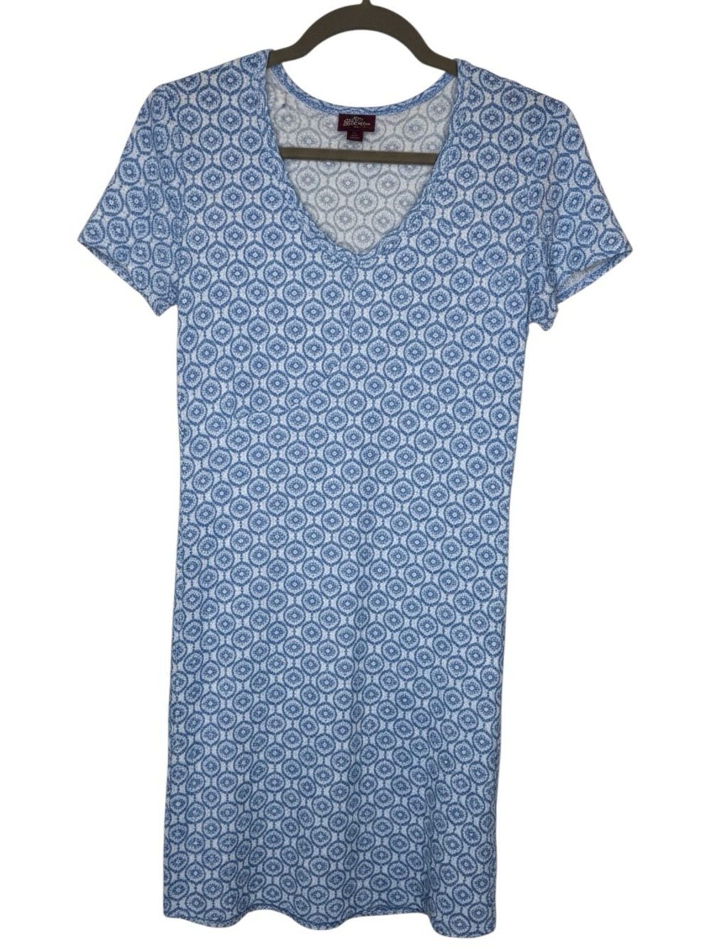 Salaam Sz XS Blue White Geometric V-Neck Short Sleeve Dress | EUC